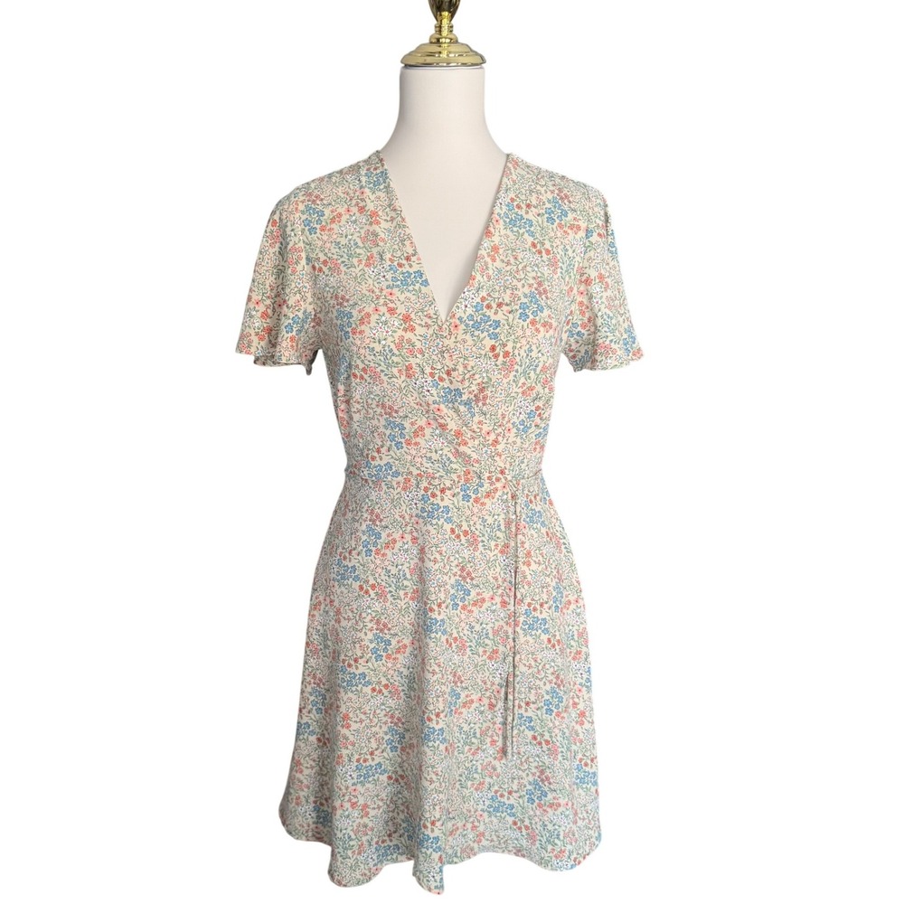 Monteau Los Angeles Womens Floral Wrap Mini Dress Cream Blue Orange Size S